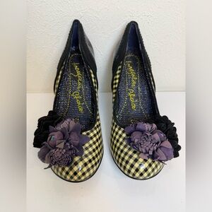 Irregular Choice Yellow & Black Gingham Floral Toe Heels Size 38.5